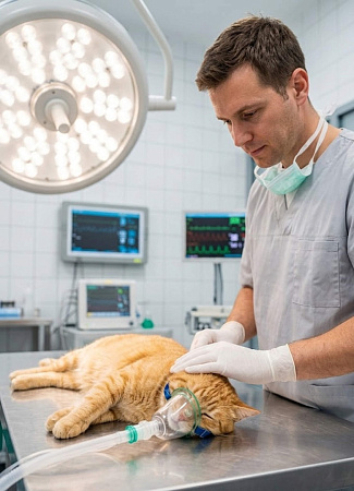 Ветеринарный врач-анестезиолог с котом