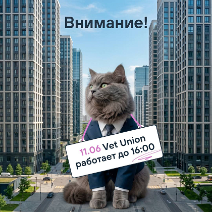 Обращаем ваше внимание, что 11 июня клиники Vet Union работают до 16:00.